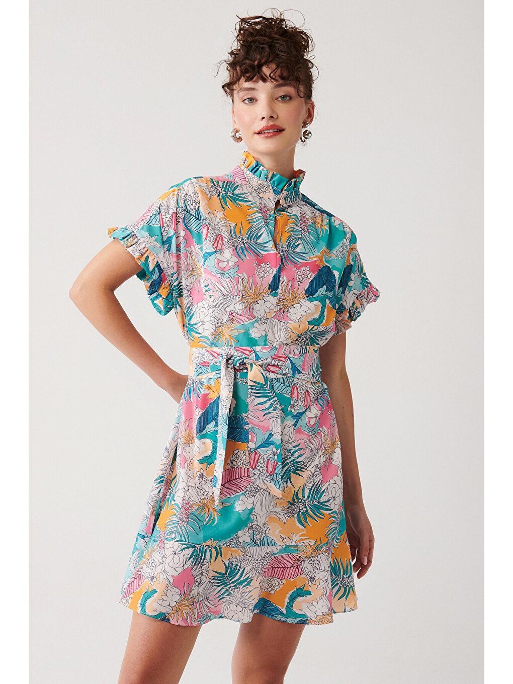 Karışık Baskılı Fırfır Detaylı Elbise-3