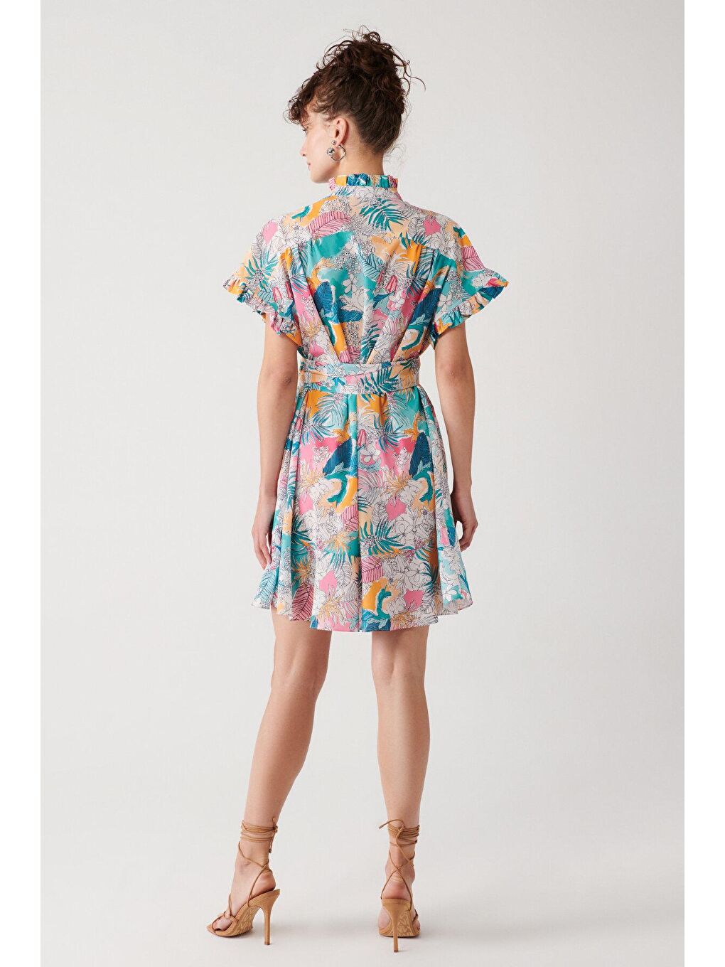 Karışık Baskılı Fırfır Detaylı Elbise-4