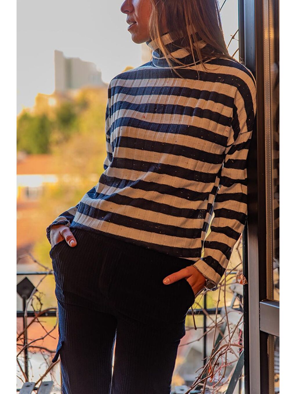 Kadın Lacivert Balıkçı Yaka Çizgili Bluz GK-BST30k2748-1