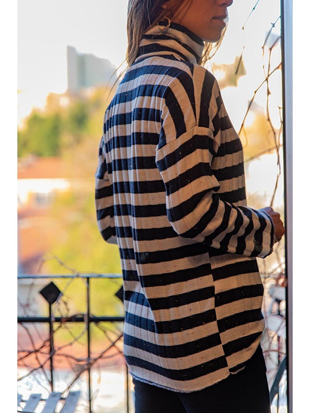 Kadın Lacivert Balıkçı Yaka Çizgili Bluz GK-BST30k2748-2