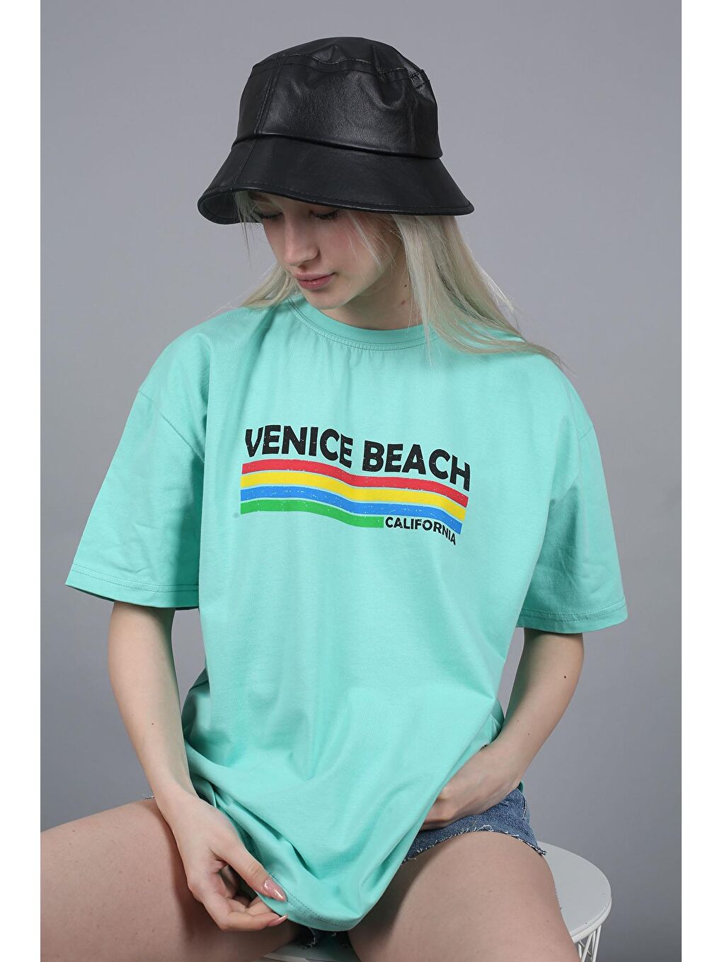 Mint Yeşili Baskılı Over Fit Tişört Mg1516