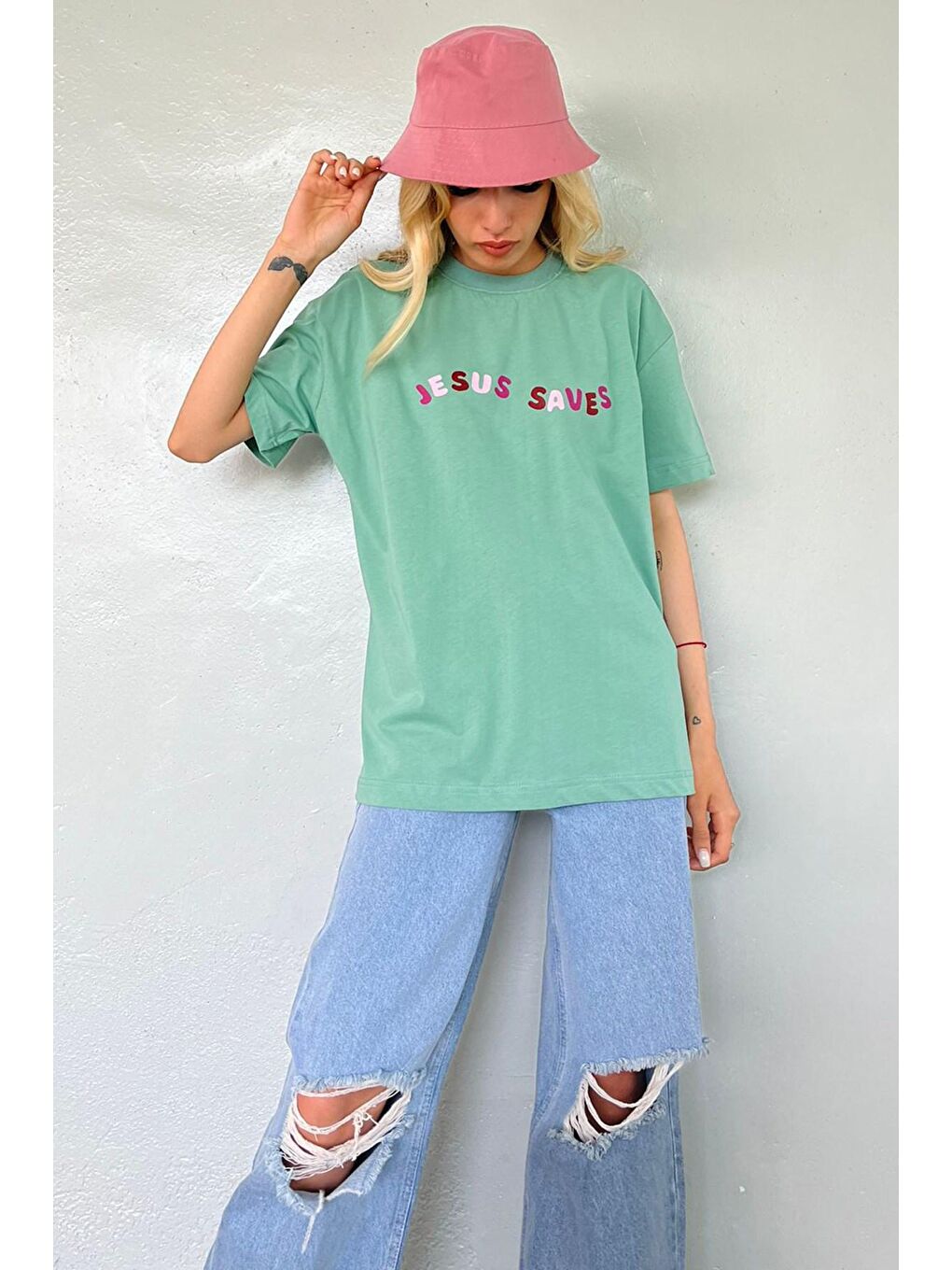 Mint Yeşili Baskılı Oversize Tişört Mg1517-1