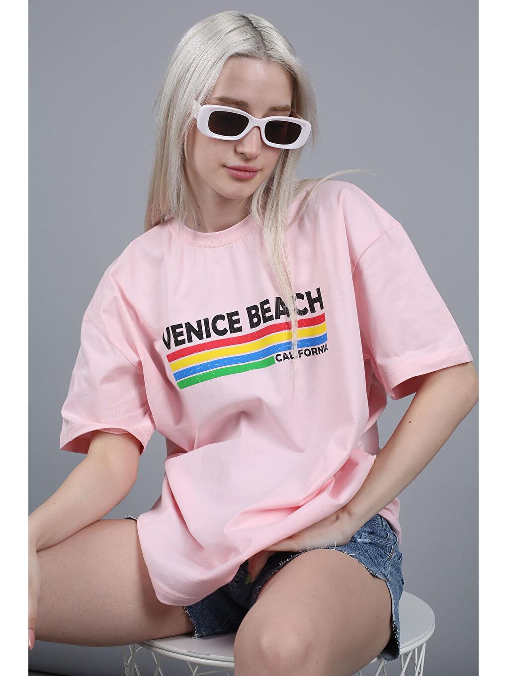 Pembe Pudra Baskılı Over Fit Tişört Mg1516-1