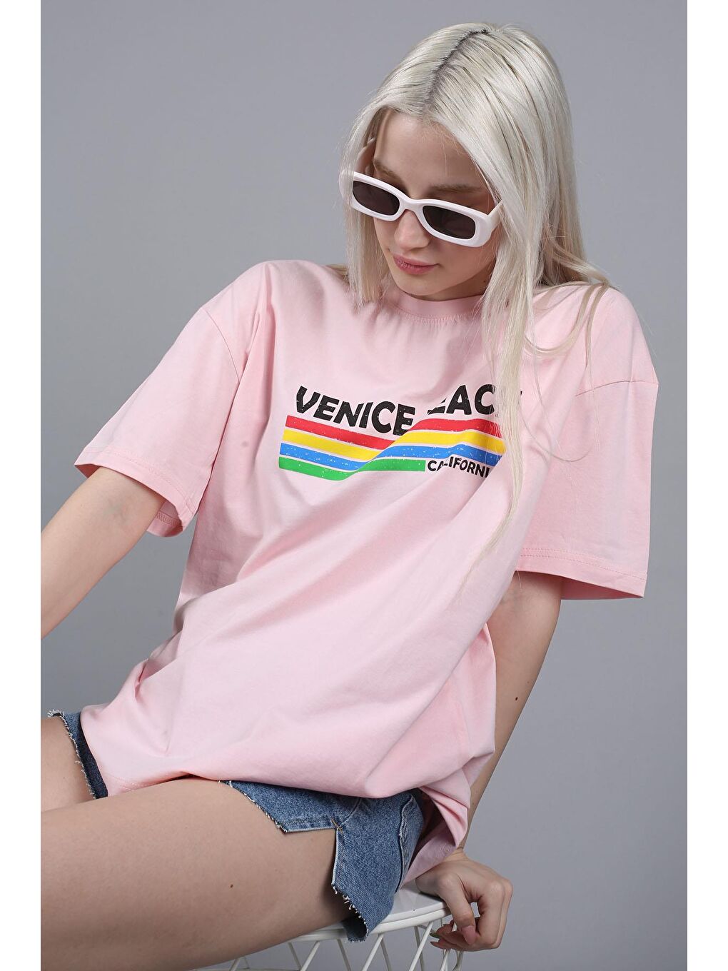 Pembe Pudra Baskılı Over Fit Tişört Mg1516-2