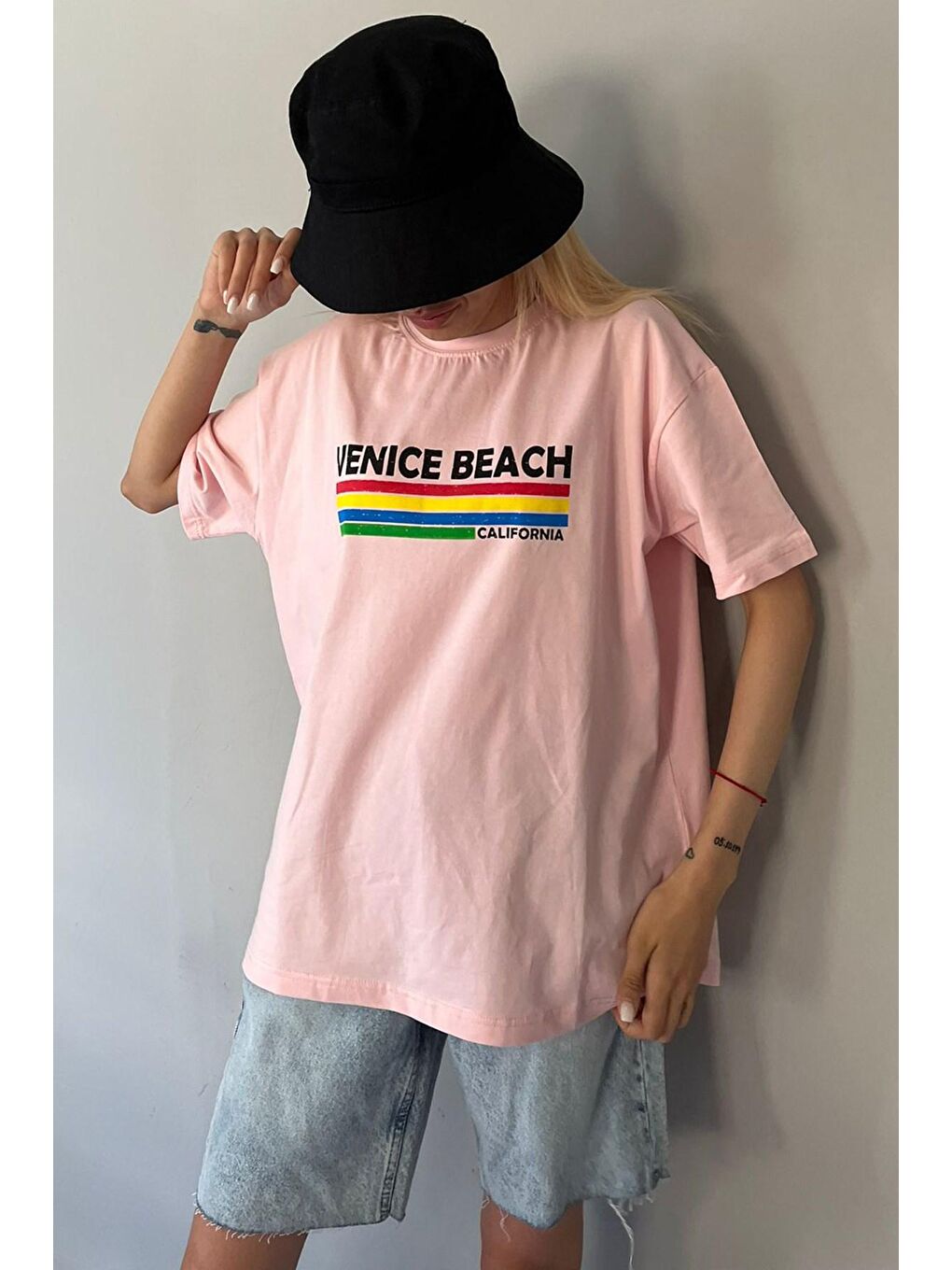 Pembe Pudra Baskılı Over Fit Tişört Mg1516-3