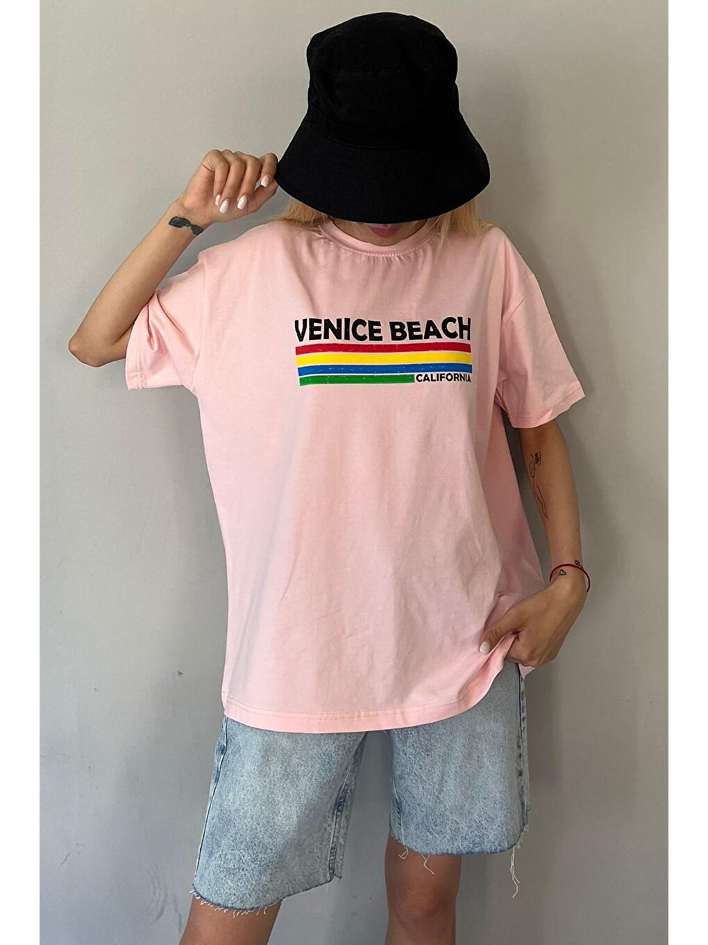 Pembe Pudra Baskılı Over Fit Tişört Mg1516-4