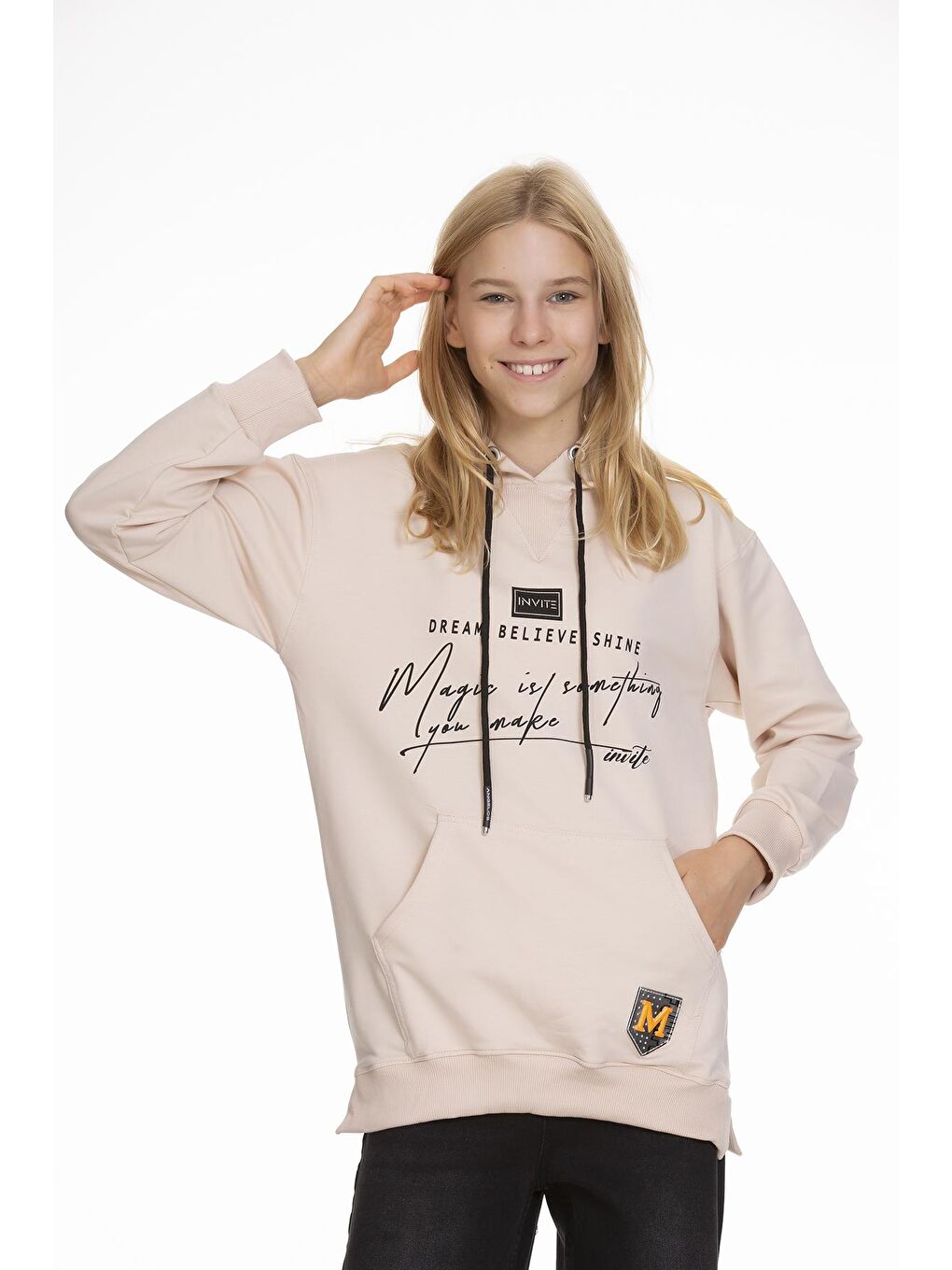 Ekru Kız Çocuk Kapüşonlu Yazı Baskılı Sweatshirt 9-14 Yaş Lx166