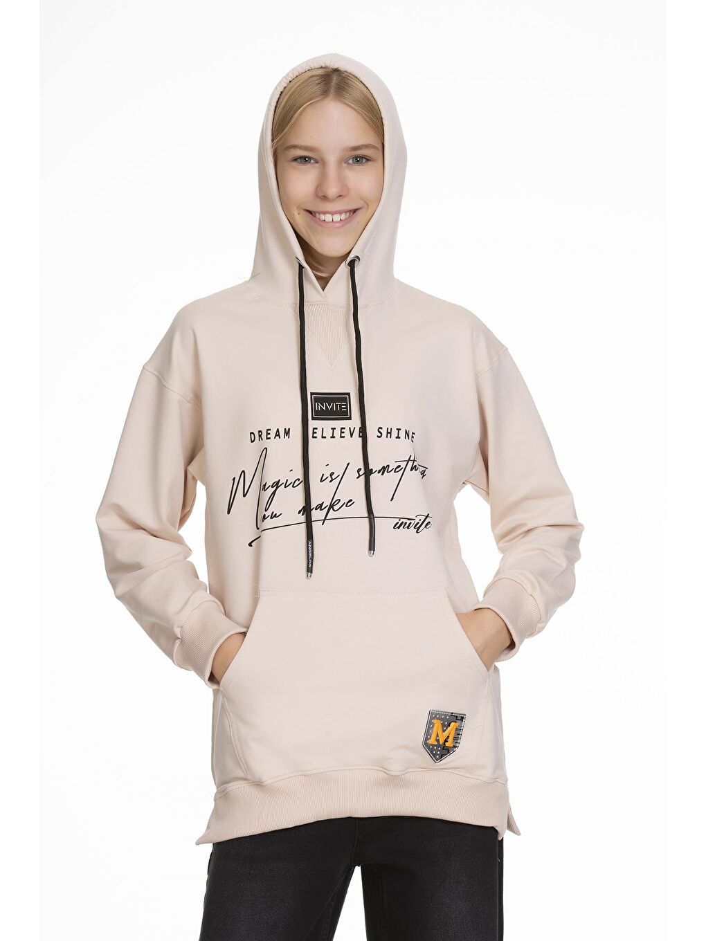 Ekru Kız Çocuk Kapüşonlu Yazı Baskılı Sweatshirt 9-14 Yaş Lx166-1