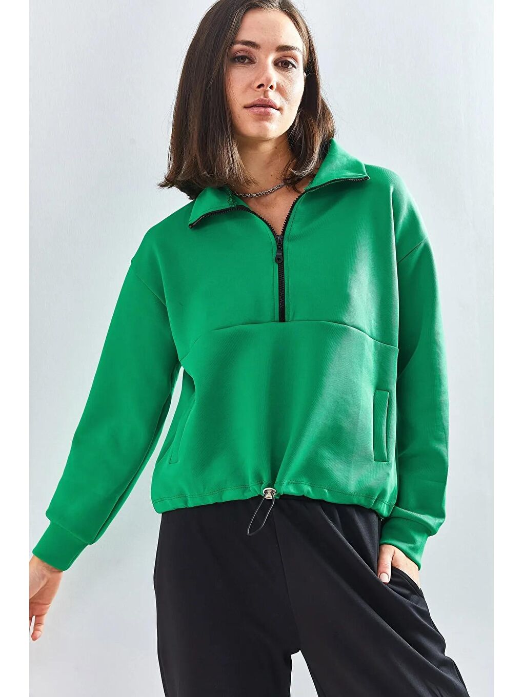 Yeşil Kadın Scuba Kumaş Dik Yaka Cepli Beli İpli Sweatshirt