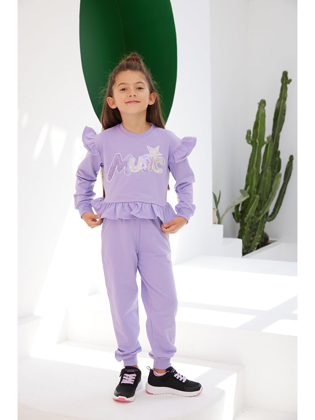 Lila Kız Çocuk Fırfır Detaylı Music SweatShirt-2