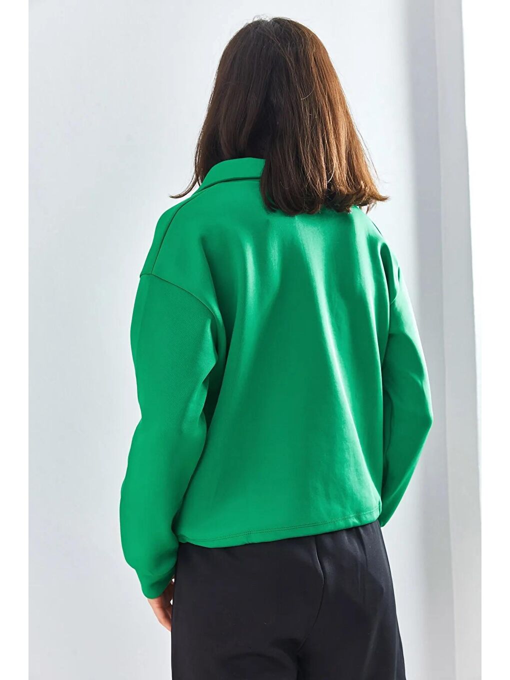 Yeşil Kadın Scuba Kumaş Dik Yaka Cepli Beli İpli Sweatshirt-2