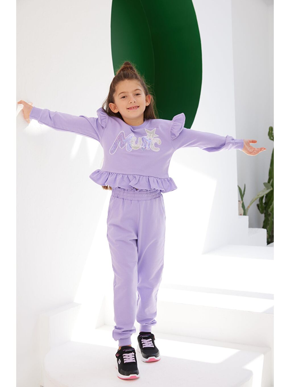 Lila Kız Çocuk Fırfır Detaylı Music SweatShirt-3