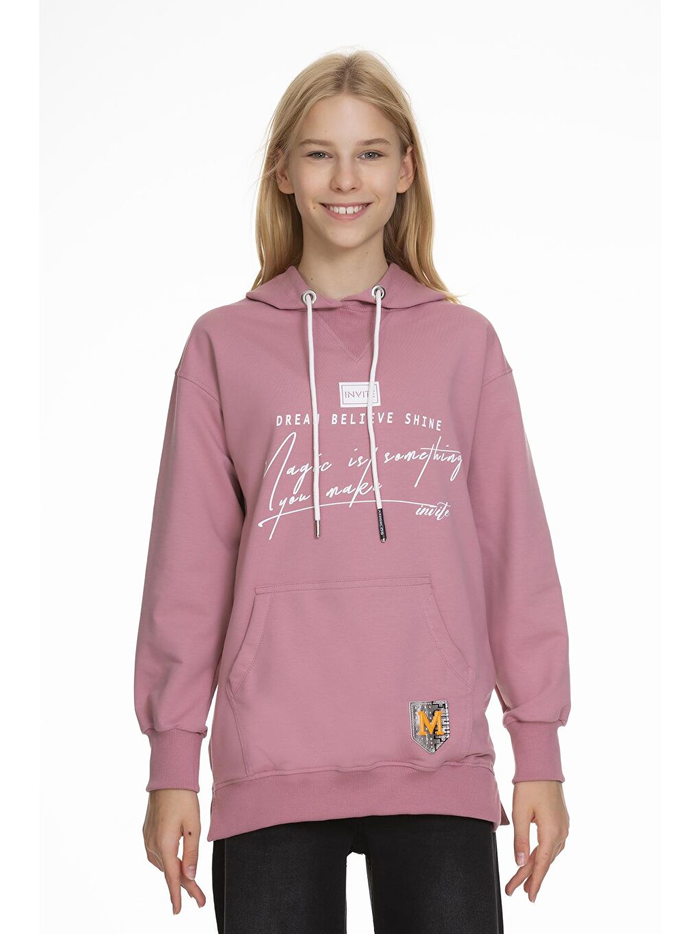 Pembe Kız Çocuk Kapüşonlu Yazı Baskılı Sweatshirt 9-14 Yaş Lx166