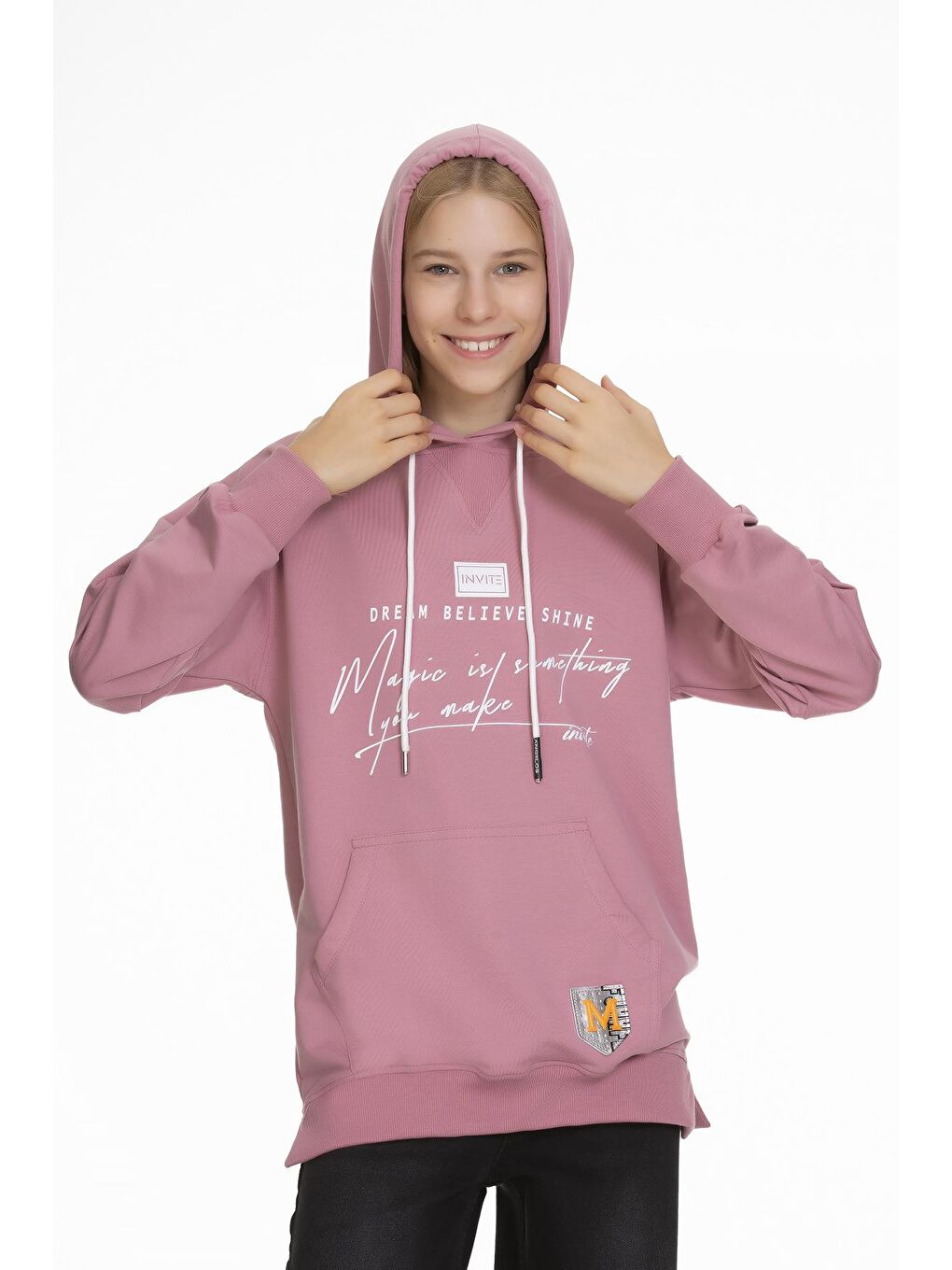 Pembe Kız Çocuk Kapüşonlu Yazı Baskılı Sweatshirt 9-14 Yaş Lx166-1