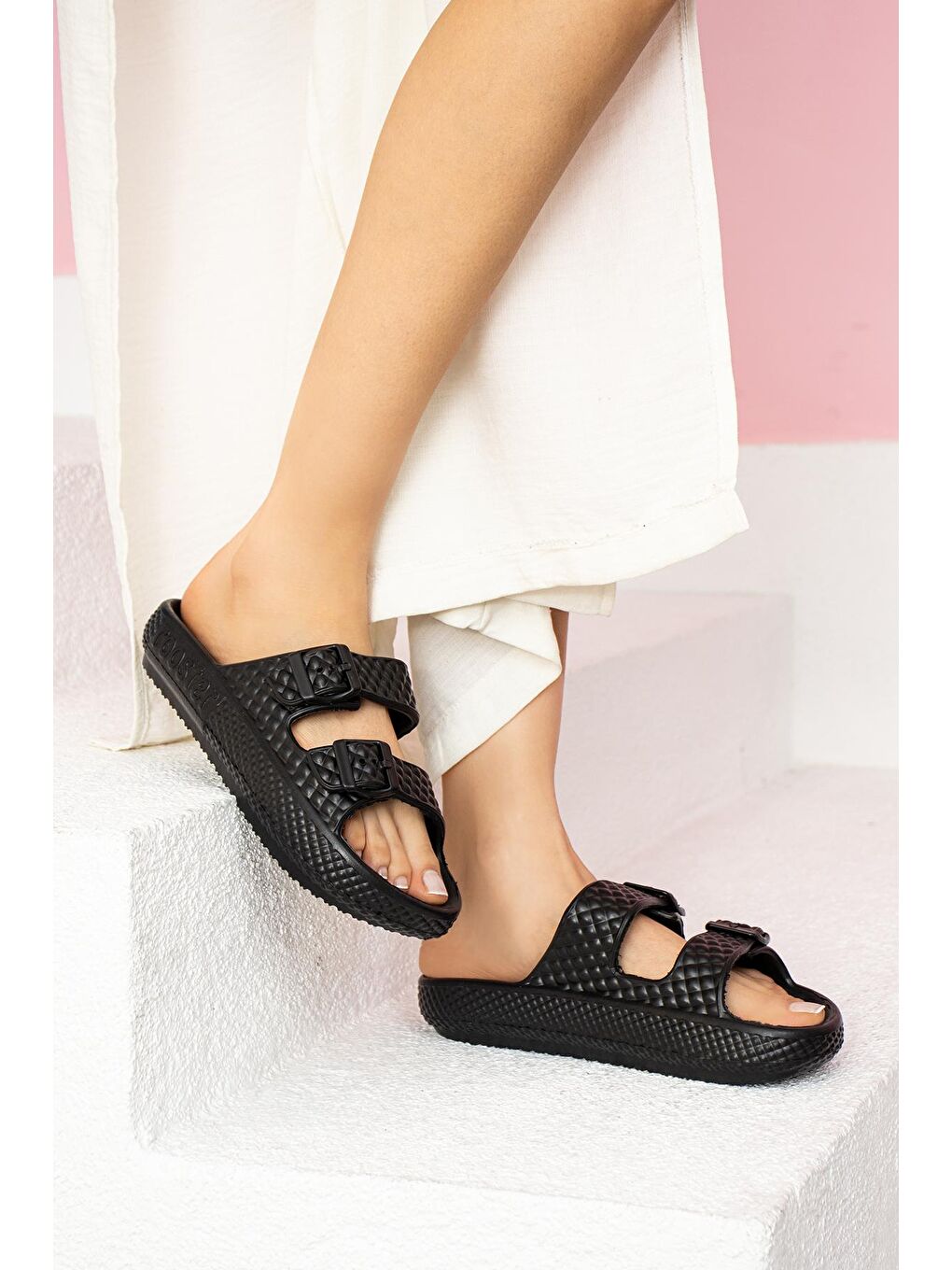 Siyah Ayarlanabilir Çift Tokalı EVA Comfort Taban Plaj Kadın Terlik (36-45 Numara ) DNZ30-1