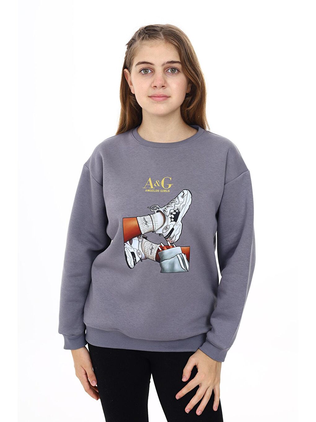 Gri Kız Çocuk Baskılı 3 İplik Sweatshirt 7-13 Yaş Lx287