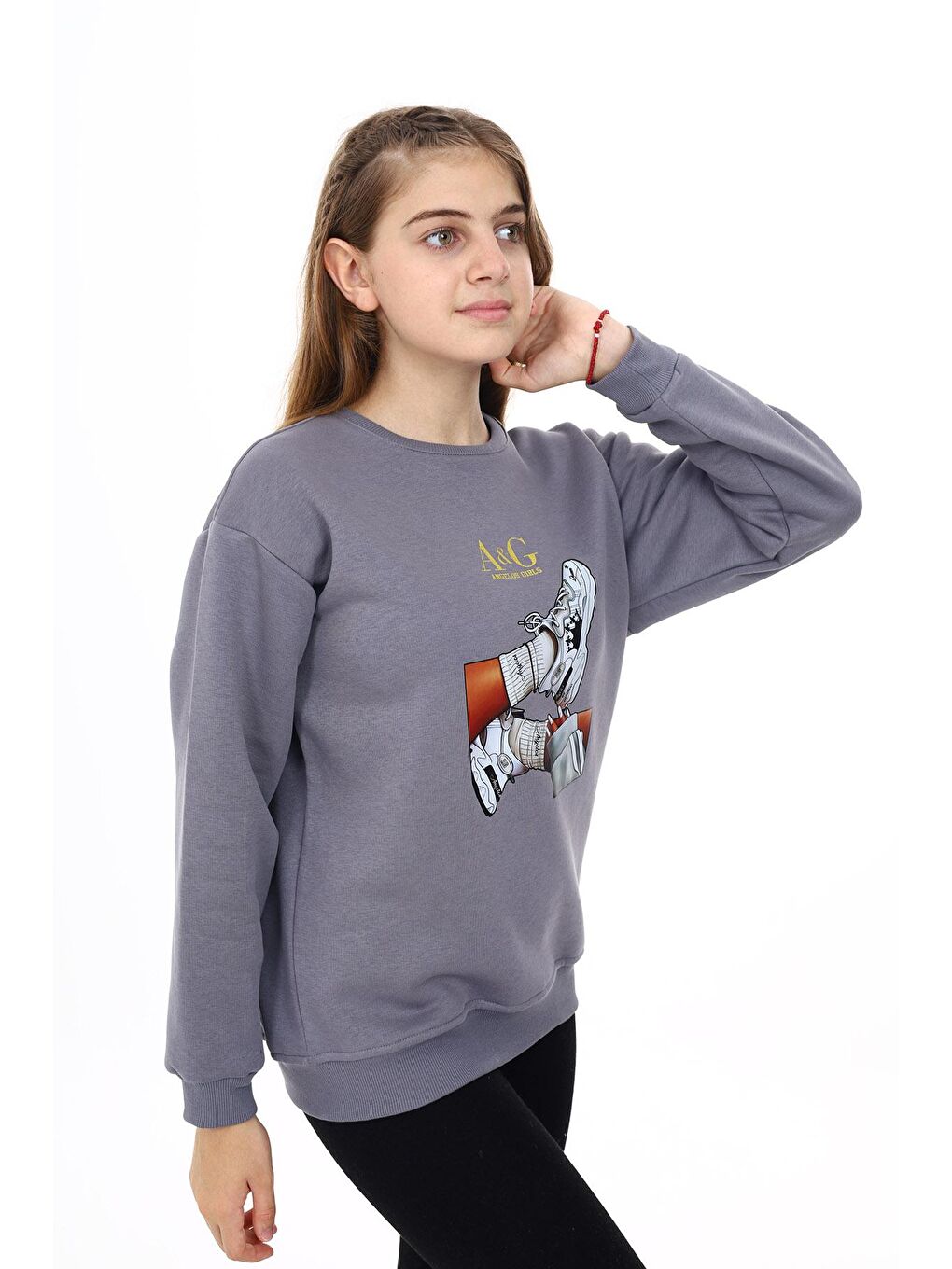 Gri Kız Çocuk Baskılı 3 İplik Sweatshirt 7-13 Yaş Lx287-1