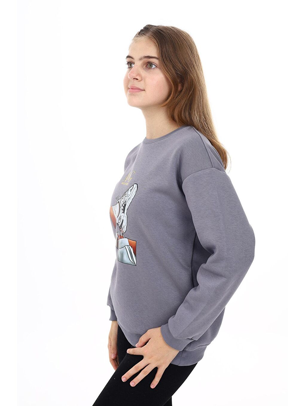 Gri Kız Çocuk Baskılı 3 İplik Sweatshirt 7-13 Yaş Lx287-2
