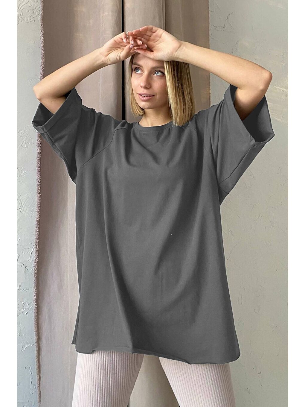 Antrasit Oversize Basic Kadın Tişört-2