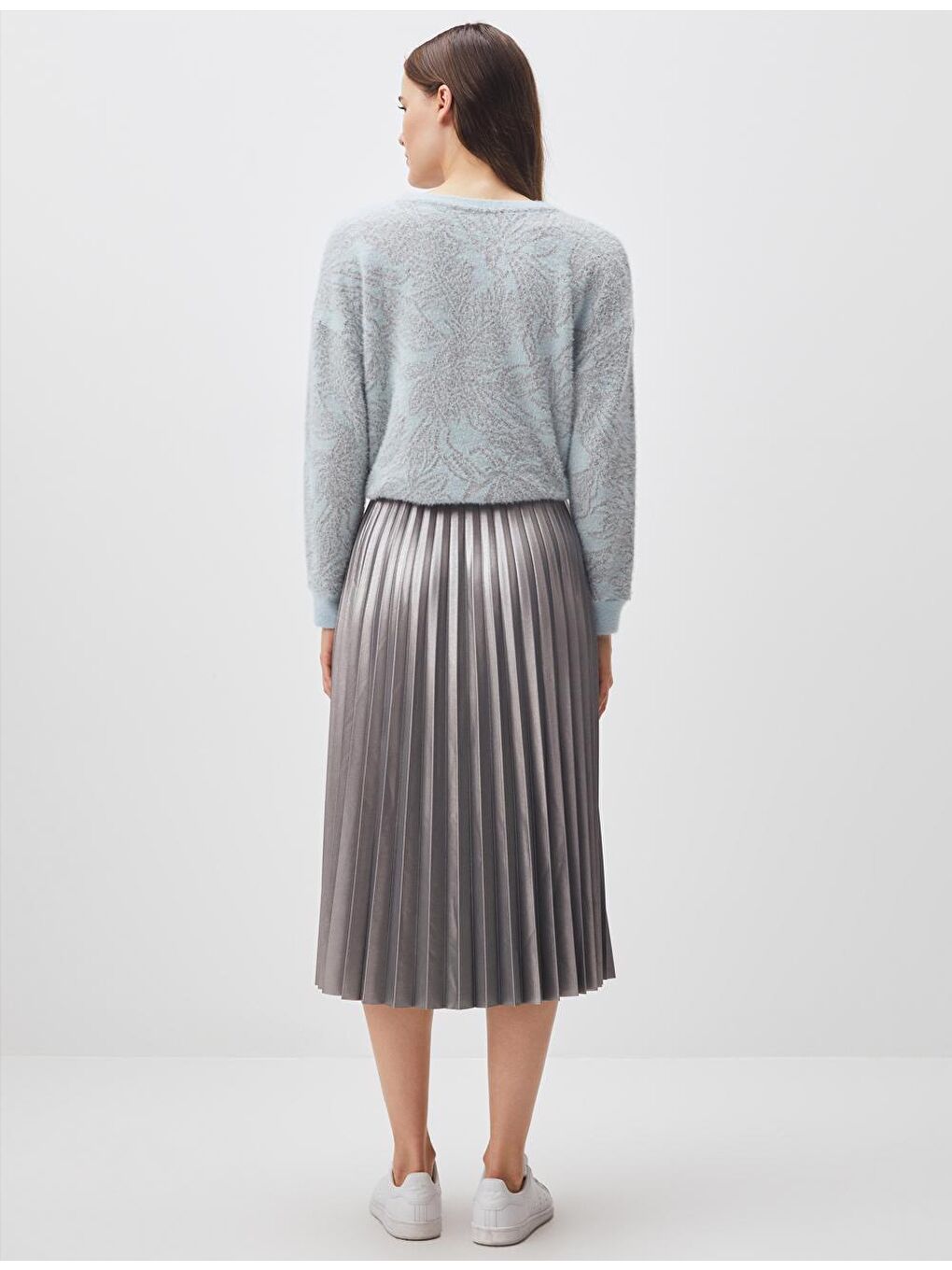 Gri Gümüş Yüksek Bel Piliseli Parlak Midi Etek-3