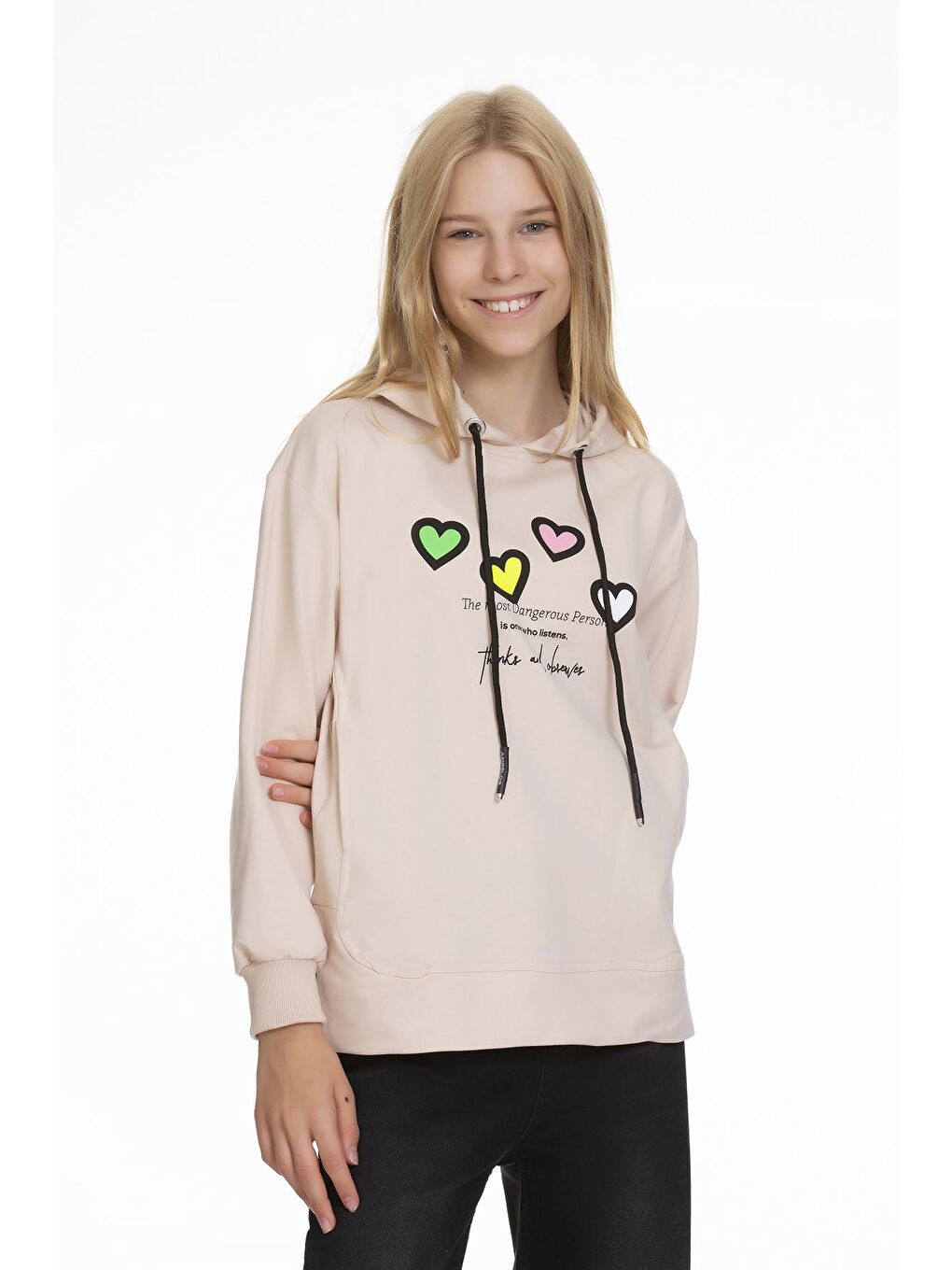 Ekru Kız Çocuk Kalp Baskılı Hoodie 9-14 Yaş Lx161
