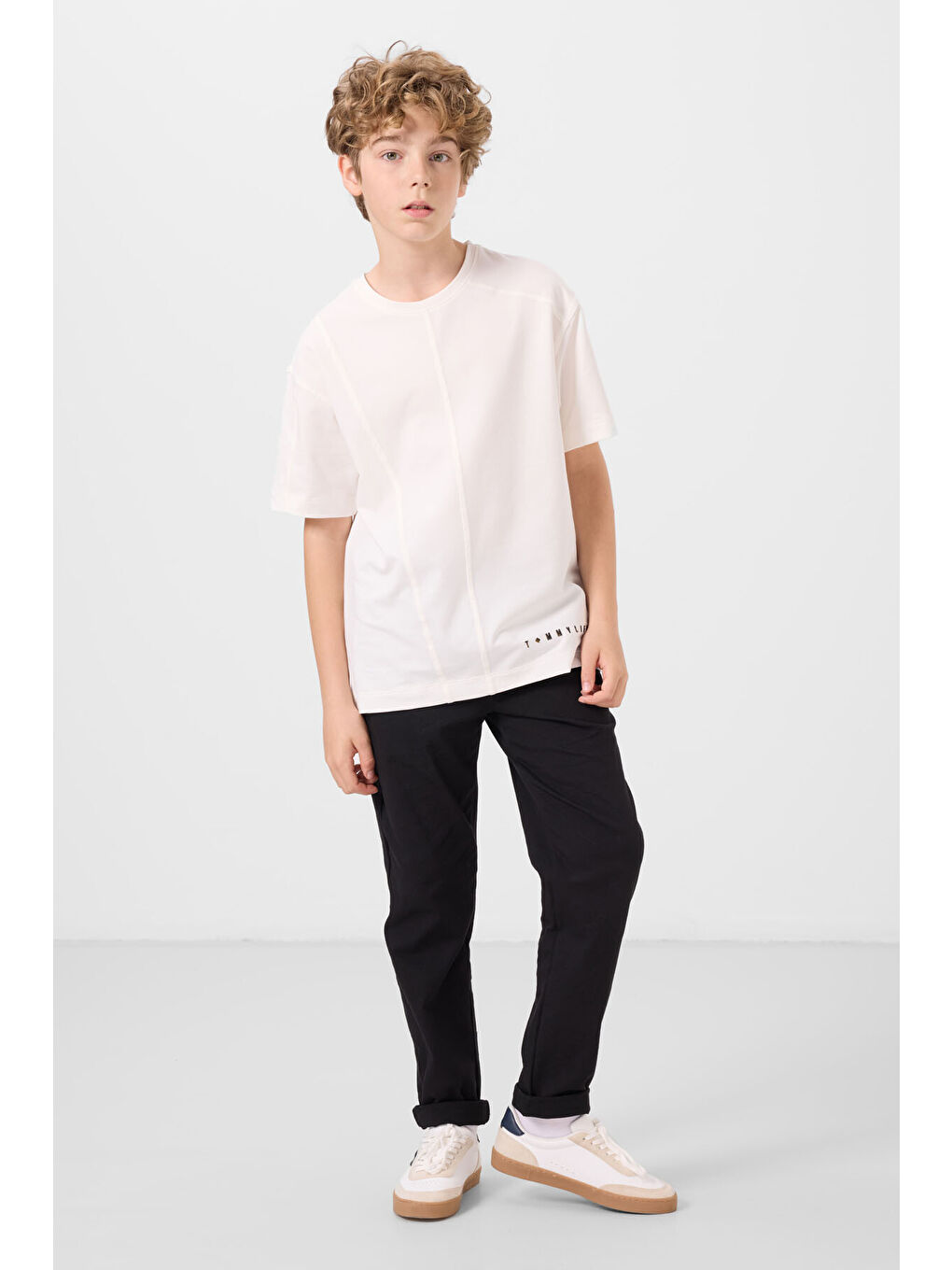 Ekru Pamuklu Yumuşak Dokulu Oversize Basic Erkek Çocuk T-Shirt - 11297-3