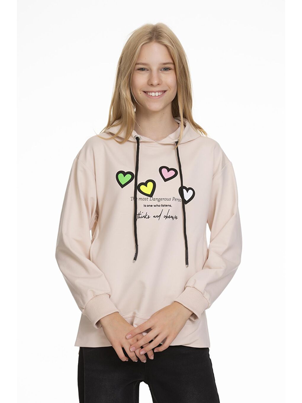 Ekru Kız Çocuk Kalp Baskılı Hoodie 9-14 Yaş Lx161-1