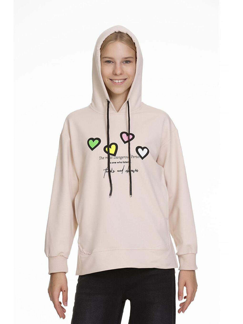Ekru Kız Çocuk Kalp Baskılı Hoodie 9-14 Yaş Lx161-3