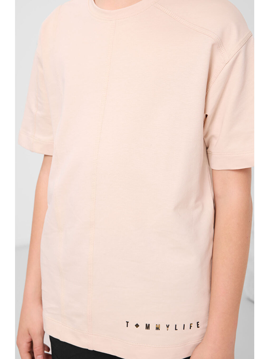 Bej Pamuklu Yumuşak Dokulu Oversize Basic Erkek Çocuk T-Shirt - 11297-2