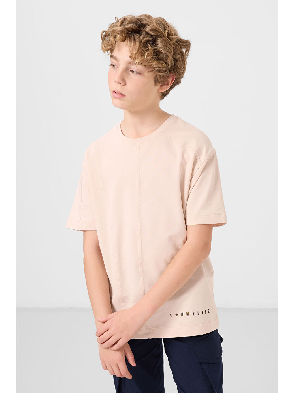 Bej Pamuklu Yumuşak Dokulu Oversize Basic Erkek Çocuk T-Shirt - 11297-3