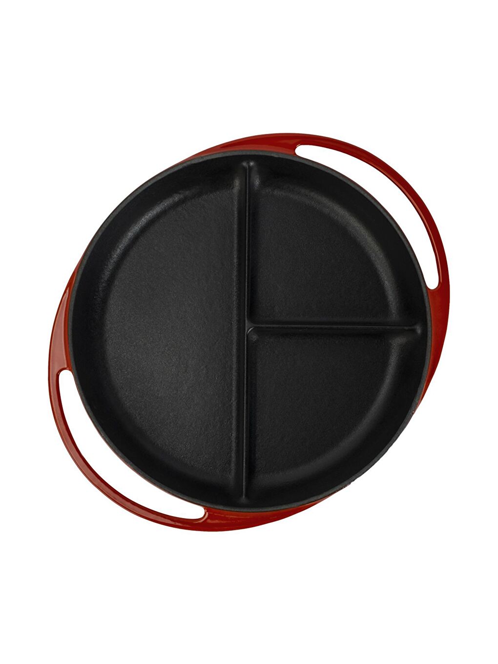 Kırmızı Yuvarlak Üç Bölmeli Sahan Döküm Demir Yekpare Çift Kulplu Çap(Ø)24cm.-2