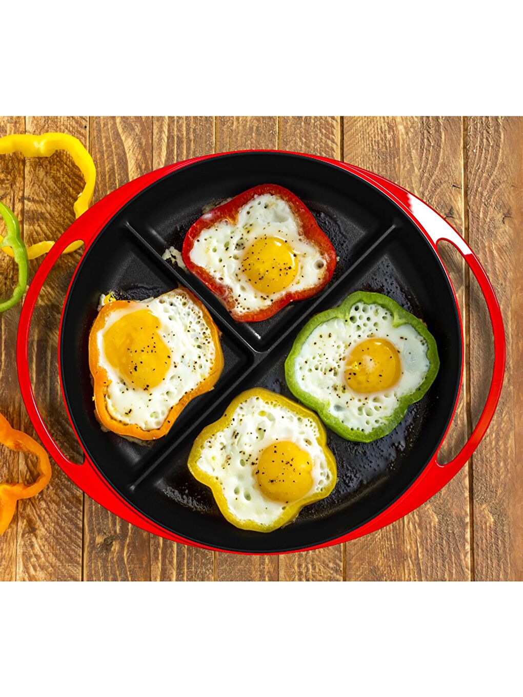 Kırmızı Yuvarlak Üç Bölmeli Sahan Döküm Demir Yekpare Çift Kulplu Çap(Ø)24cm.-3