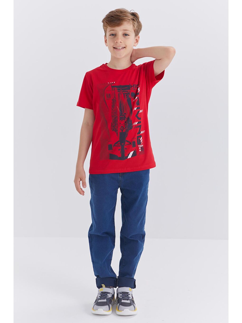 Kırmızı Baskılı Kısa Kol Standart Kalıp O Yaka Erkek Çocuk Tişört  - 10866-1