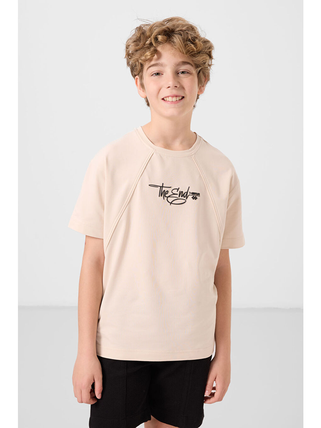 Bej Pamuklu Yumuşak Dokulu Oversize Baskılı Erkek Çocuk T-Shirt - 11285-3