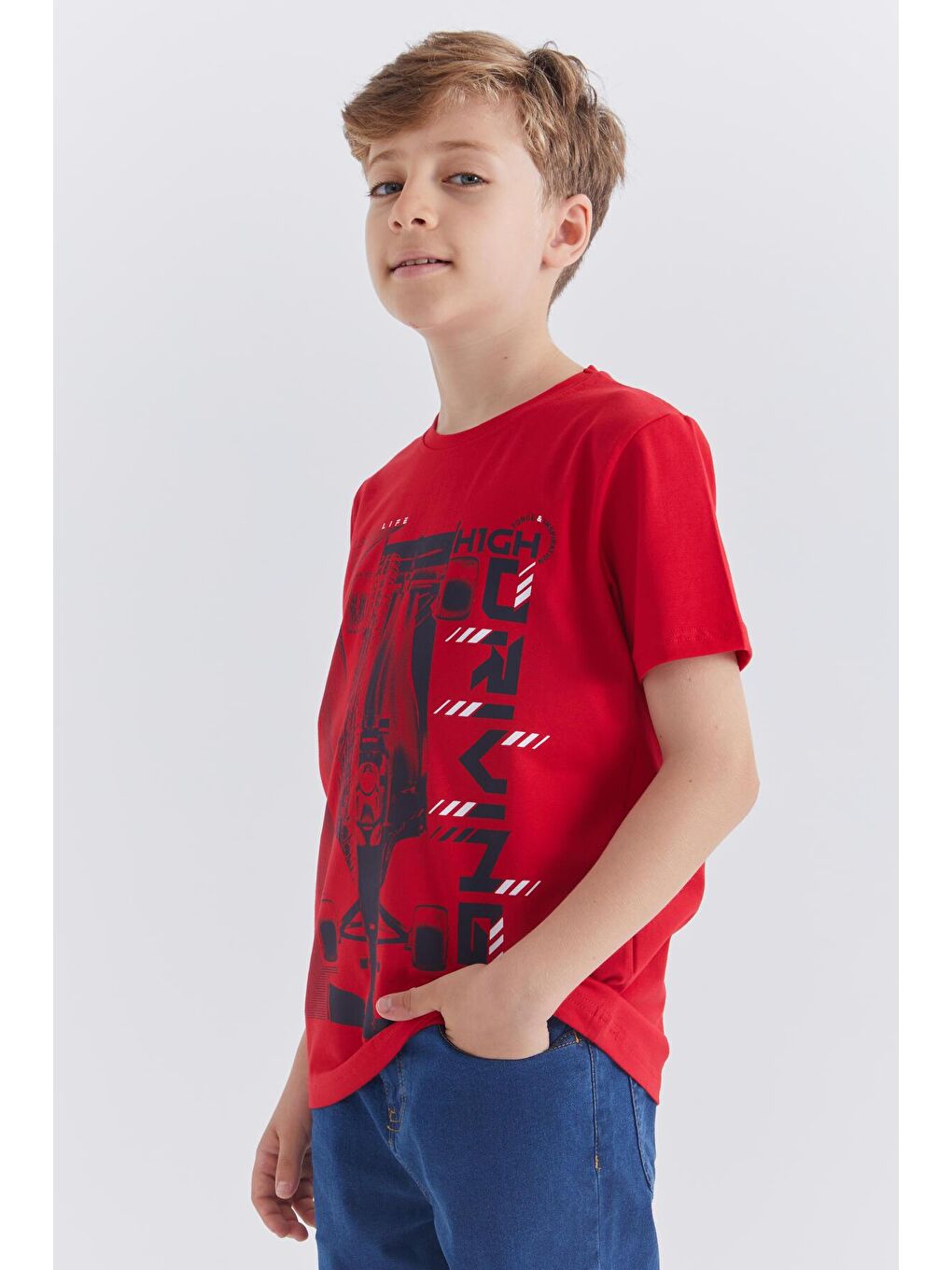 Kırmızı Baskılı Kısa Kol Standart Kalıp O Yaka Erkek Çocuk Tişört  - 10866-2