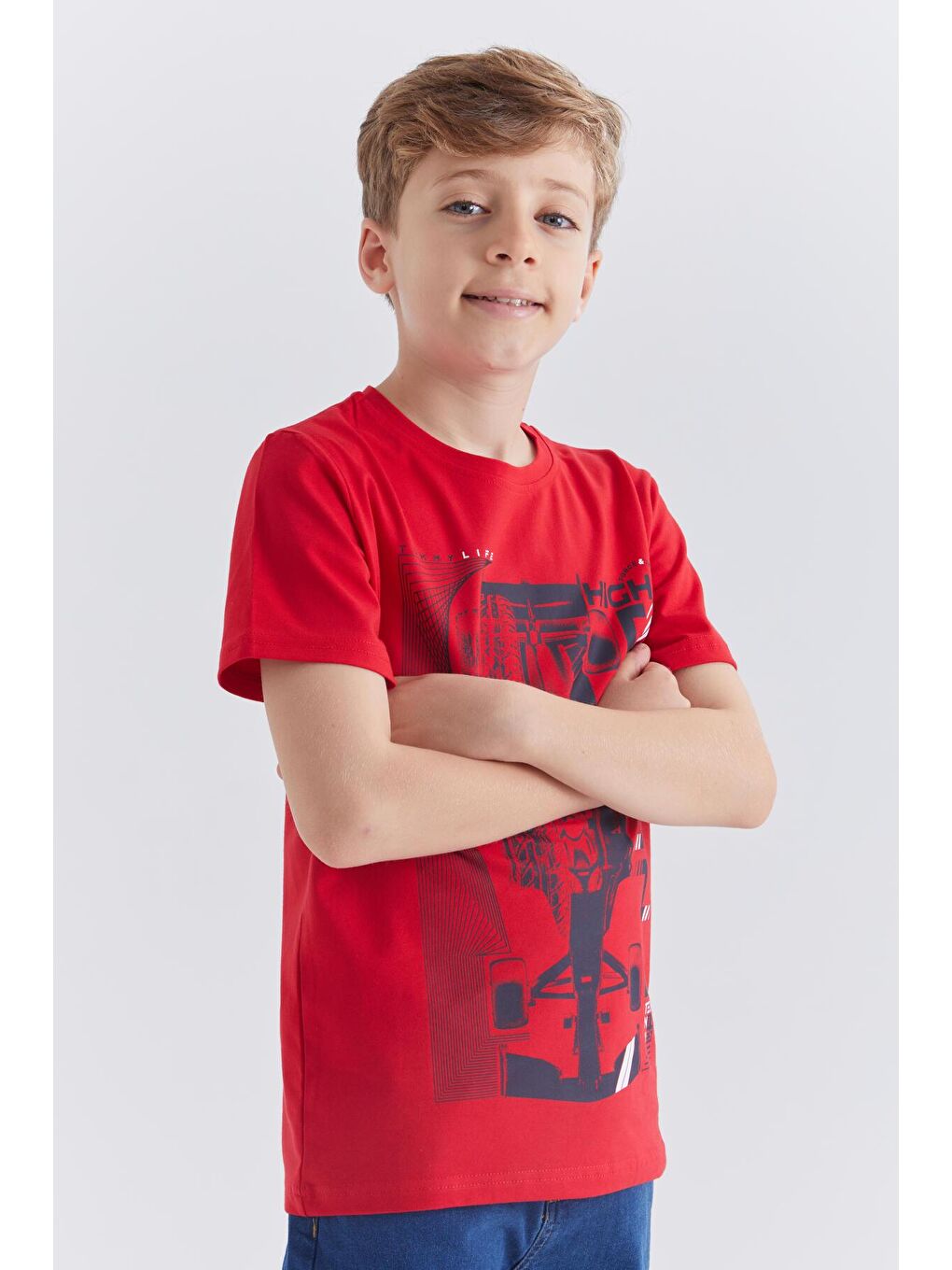 Kırmızı Baskılı Kısa Kol Standart Kalıp O Yaka Erkek Çocuk Tişört  - 10866-4