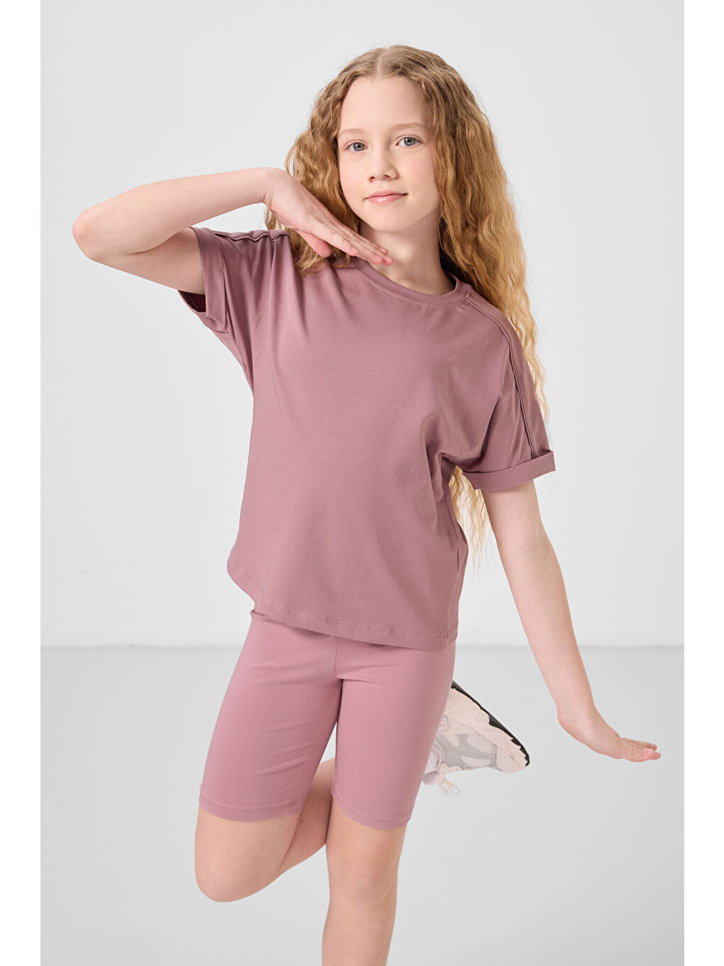 Pembe Gül Kurusu Pamuklu O Yaka Oversize Fit Basic Kız Çocuk T-Shirt - 75182-1