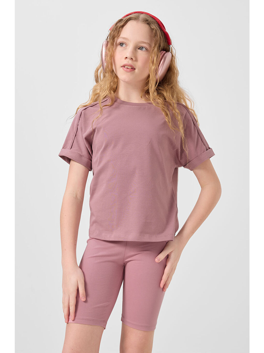 Pembe Gül Kurusu Pamuklu O Yaka Oversize Fit Basic Kız Çocuk T-Shirt - 75182-4