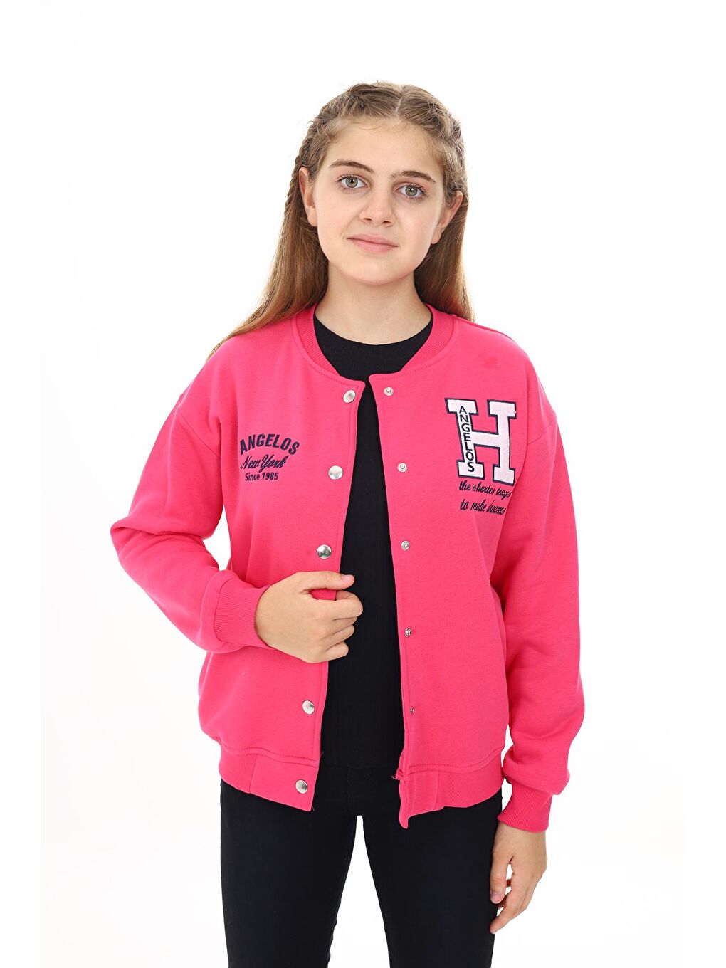 Fuşya Kız Çocuk Kolej Tarz H Baskılı Ceket 7 -13 Yaş Lx273