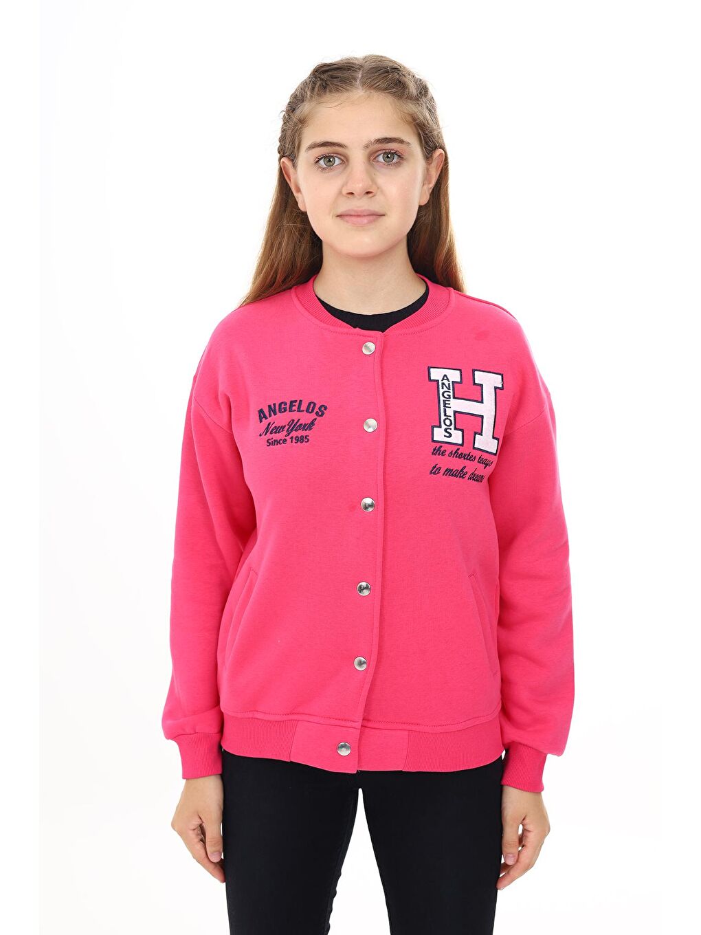 Fuşya Kız Çocuk Kolej Tarz H Baskılı Ceket 7 -13 Yaş Lx273-3