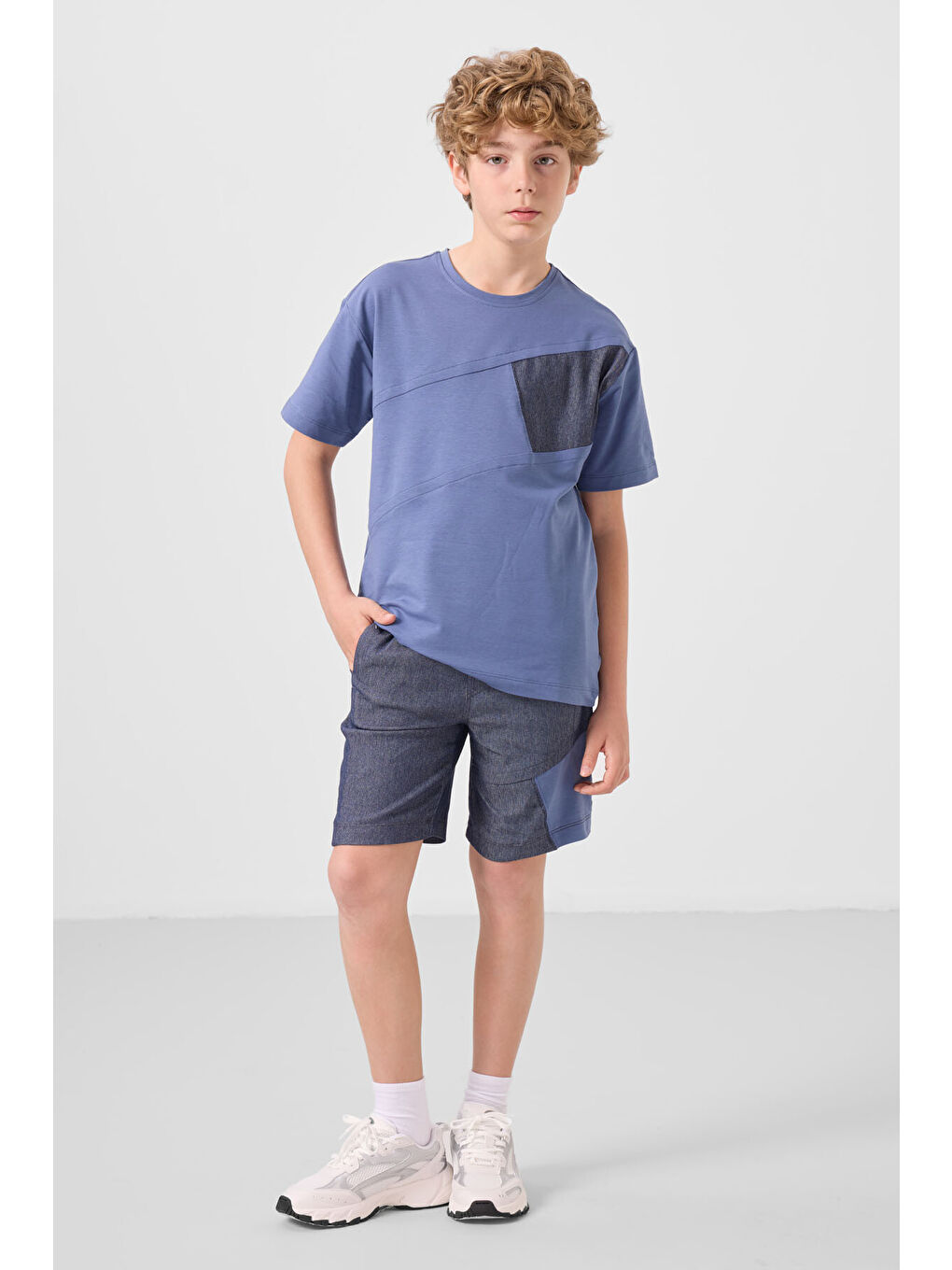 Koyu Mavi Jean Lacivert Pamuklu Oversize Fit Dokuma Hafif Esnek Chino Erkek Çocuk Şort Takım   11275