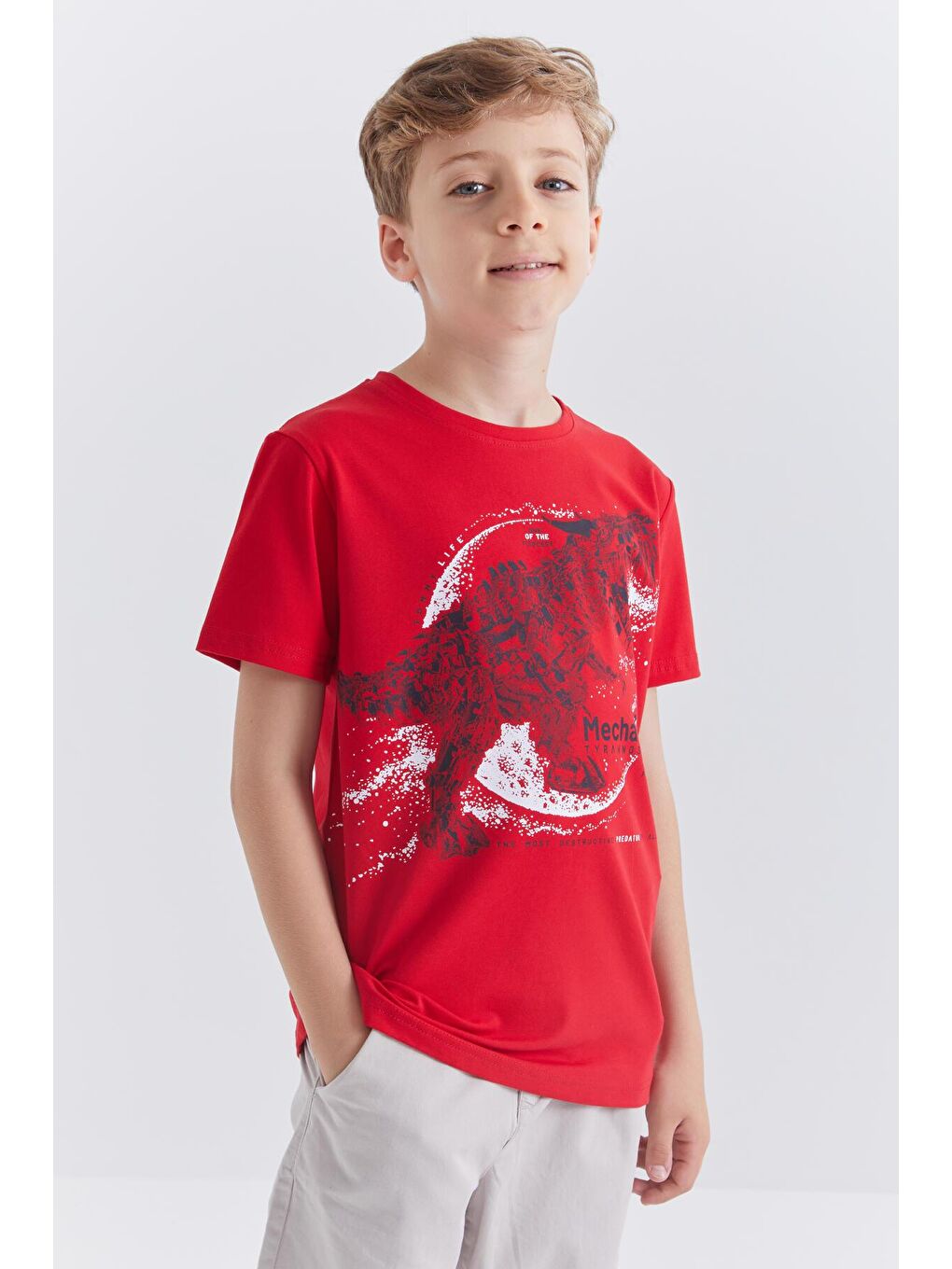 TOMMYLIFE Kırmızı Dinozor Baskılı Kısa Kol O Yaka Erkek Çocuk T-Shirt  - 10865