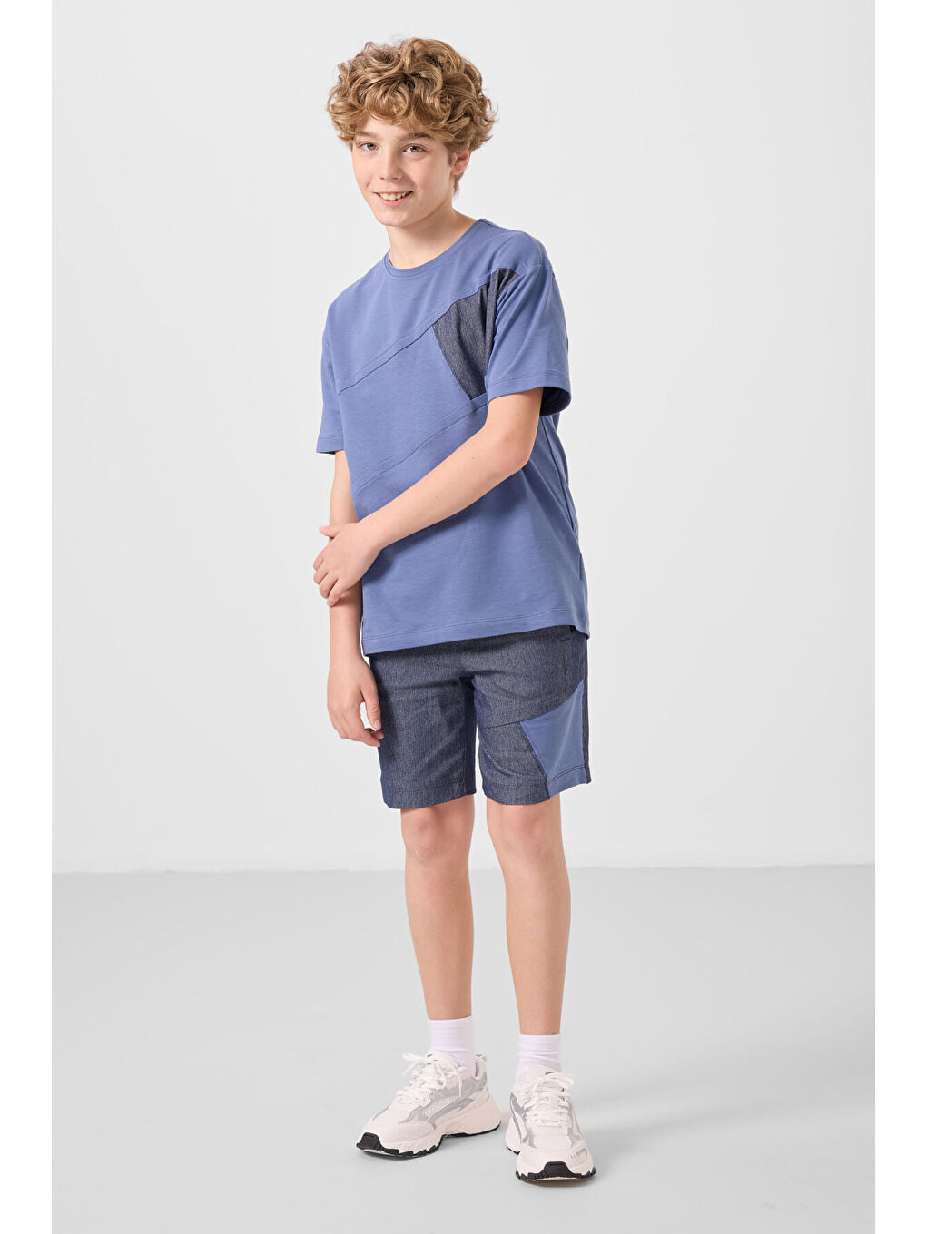 Koyu Mavi Jean Lacivert Pamuklu Oversize Fit Dokuma Hafif Esnek Chino Erkek Çocuk Şort Takım   11275-1