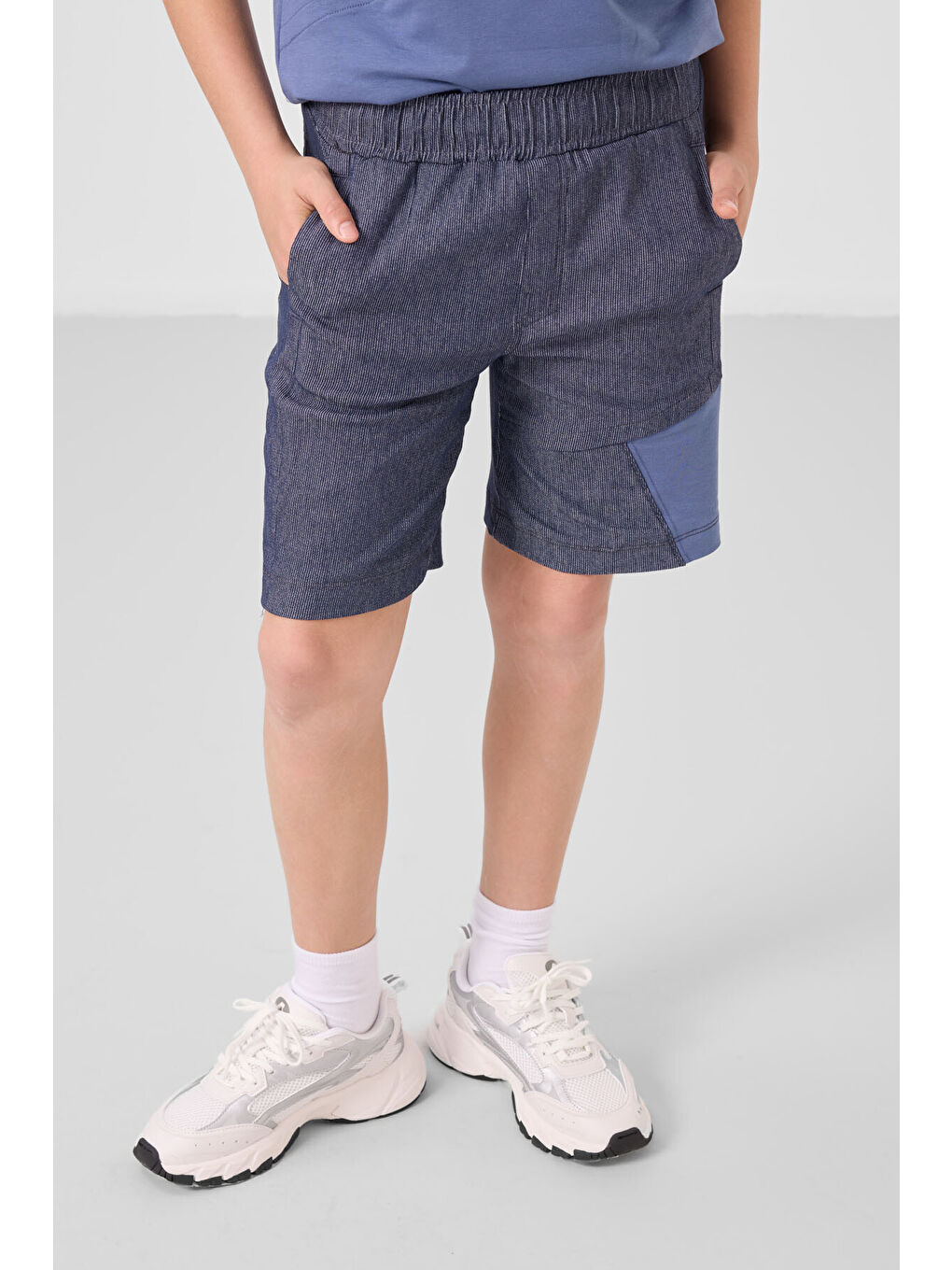 Koyu Mavi Jean Lacivert Pamuklu Oversize Fit Dokuma Hafif Esnek Chino Erkek Çocuk Şort Takım   11275-2