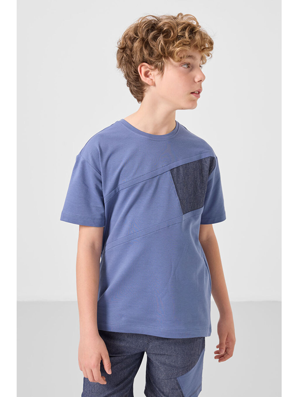 Koyu Mavi Jean Lacivert Pamuklu Oversize Fit Dokuma Hafif Esnek Chino Erkek Çocuk Şort Takım   11275-3