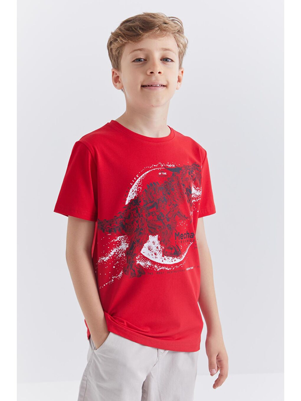 TOMMYLIFE Kırmızı Dinozor Baskılı Kısa Kol O Yaka Erkek Çocuk T-Shirt  - 10865 - 4