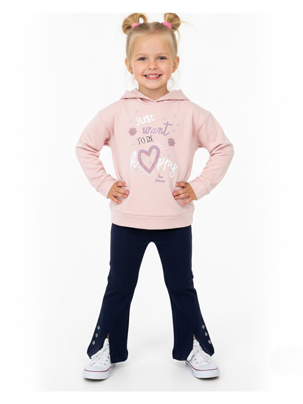 Pembe Kız Çocuk İspanyol Paça Taytlı Kapüşonlu Sweatshirtlü Mevsimlik Alt Üst Takım