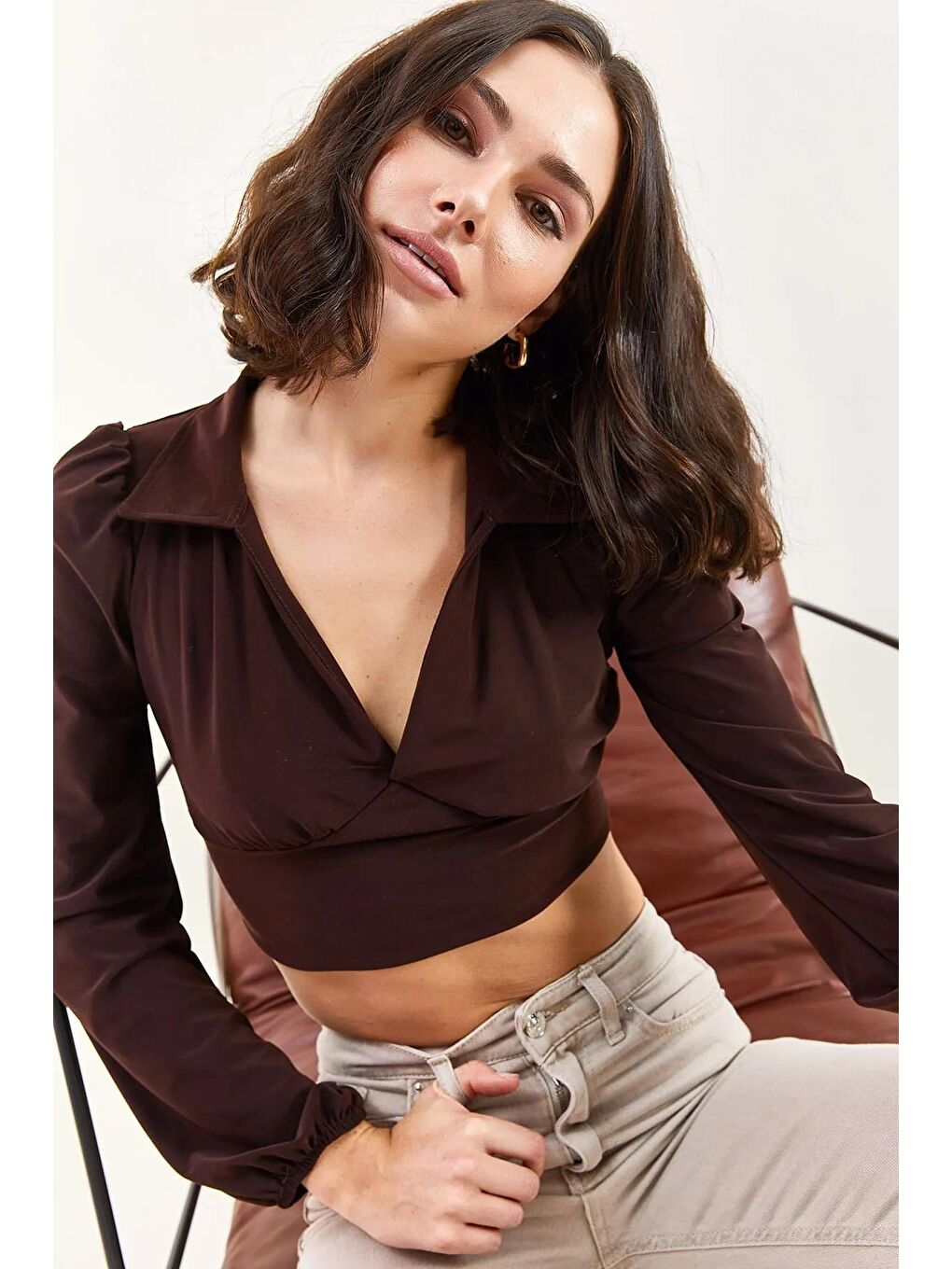 Kahverengi Kadın Polo Yaka Bluz 3056