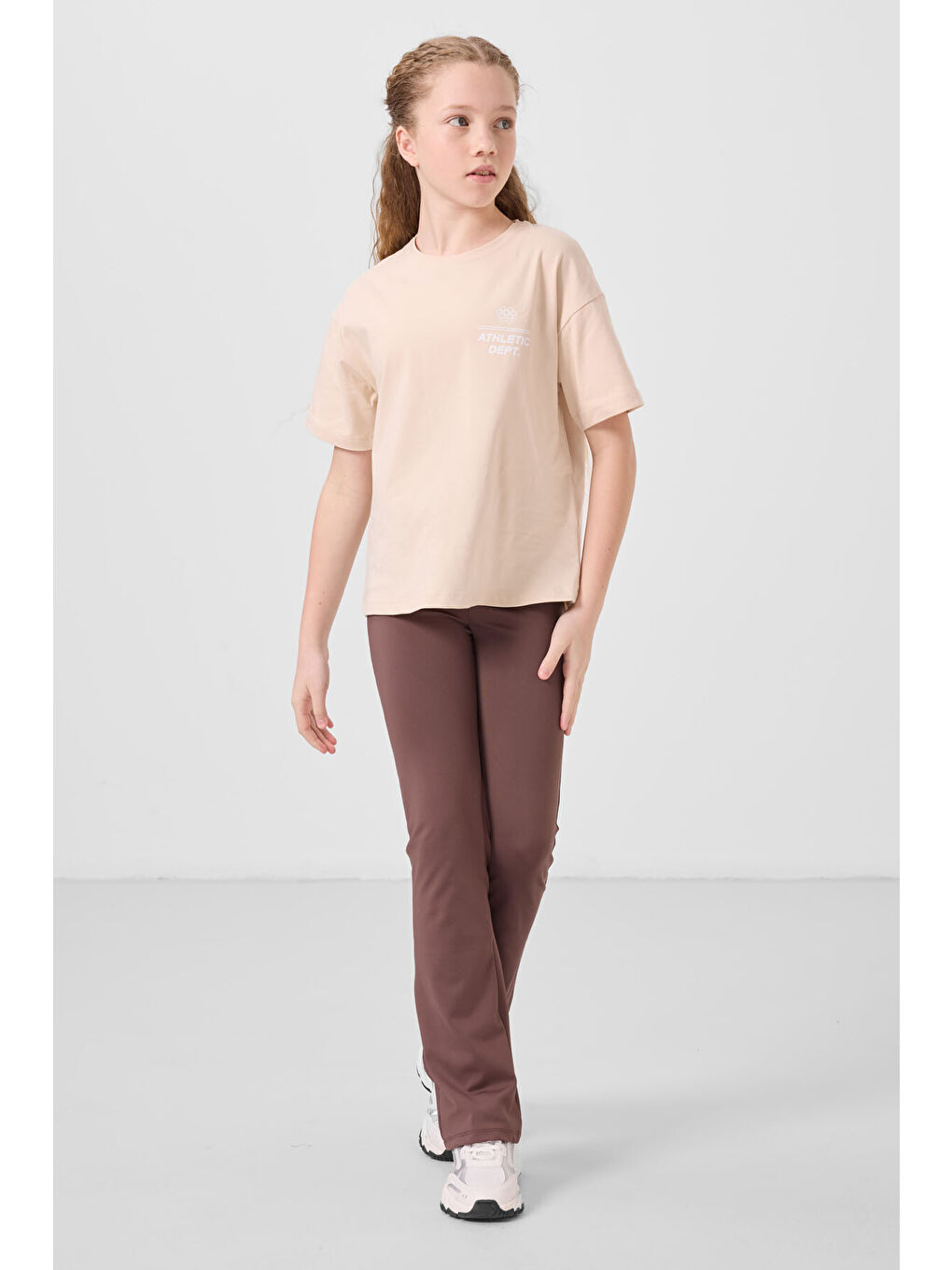 Bej Pamuklu O Yaka Oversize Fit Baskılı Kız Çocuk T-Shirt - 75178-1