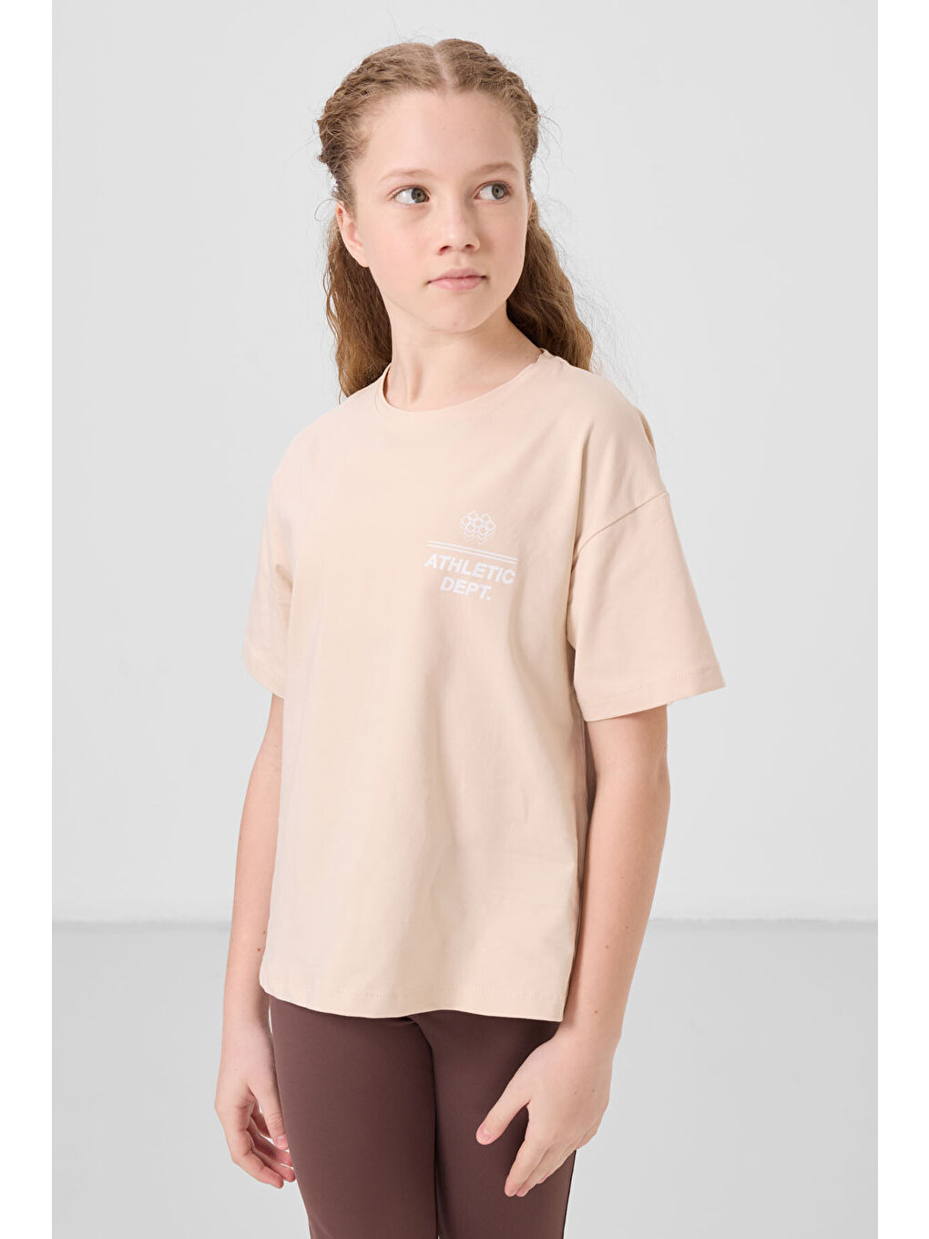 Bej Pamuklu O Yaka Oversize Fit Baskılı Kız Çocuk T-Shirt - 75178-2